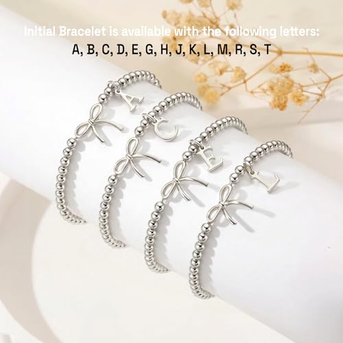 Letter A-Z Bracelets for Women Teen - Inital Beaded Bracelet with Bowknot Charm, Dainty Stretch Stackable Bracelet, Trendy Jewelry Gifts for Birthday Easter Basket Stuffers - style: Silver: S