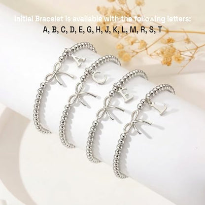 Letter A-Z Bracelets for Women Teen - Inital Beaded Bracelet with Bowknot Charm, Dainty Stretch Stackable Bracelet, Trendy Jewelry Gifts for Birthday Easter Basket Stuffers - style: Silver: M