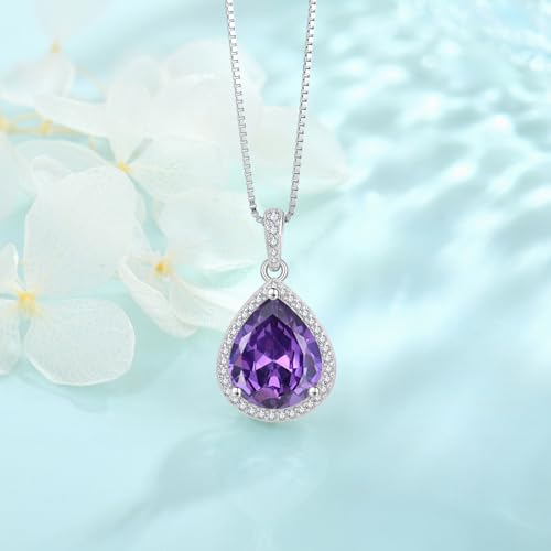 FJ Teardrop Pendant Necklace 925 Sterling Silver Birthstone Jewelry for Women - color: 02 February-Amethyst