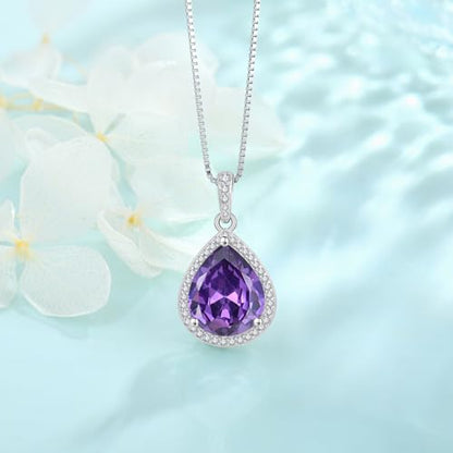 FJ Teardrop Pendant Necklace 925 Sterling Silver Birthstone Jewelry for Women - color: 02 February-Amethyst