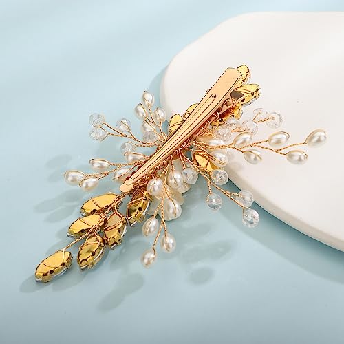 Xerling Gold Rhinestones Crystal Flower Hair Barrettes Clip Boho Bridal Pearl Hair Jewelry Accessories for Women Wedding Floral Headpieces (Gold) - color: Gold