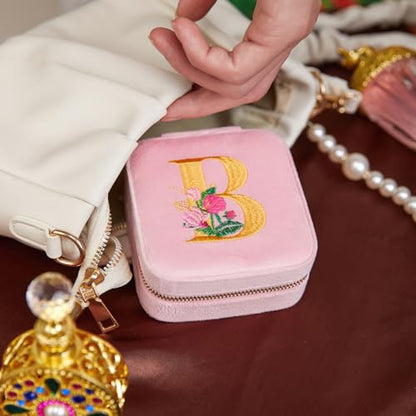 Smileshe Personalized Gifts for Mom Mothers Day, Birthday, Graduation Gift for Girls Fashion, Travel for Teen Girls Trendy Stuff, Velvet Jewelry Box with Flower, Letter B, Pink - color: PlushVelvet Pink-B