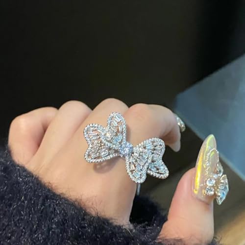 Luxury Rhinestone Bowknot Open Ring For Women Gold Silver Plated Adjustable Sparkly CZ Crystal Butterfly Finger Band Statement Bow Tie Ribbon Rings Fashion Shiny Wedding Promise Cocktail Jewelry For Her Gifts - color: Silver