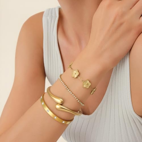 Mothers Day Gifts for Mom 18K Gold-Plated Bracelet Set – Floral Clover, Tennis, Chunky Adjustable Twist Cuff, Classic Gold-plated Bangle Stainless Steel, Non Tarnish, Stackable Bracelet Gift for Women - style: YR floral gold