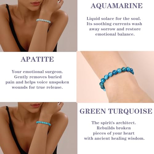 4mm 6mm 8mm Healing Crystal Bracelets for Women Men Natural Stone Beaded Stretch Bracelet Handmade Gemstone Reiki Spiritual Jewelry Gifts - color: Apatite+Aquamarine+Green Turquoise-Healing, size: 8mm