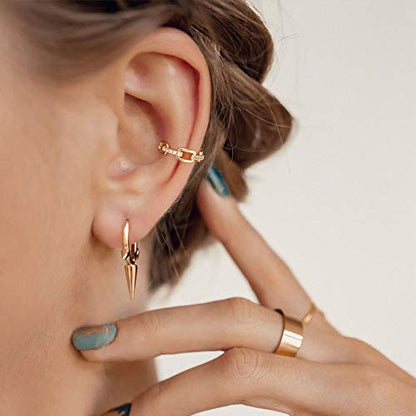 Bemoly Ear Cuff Earrings for Women 14K Gold Plated Cubic Zirconia Dangle Huggie Ear Cuffs Non Piercing | Clip On Cartilage - style: J-Chain-Single