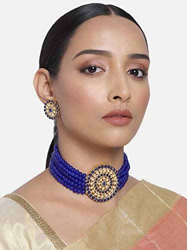 Aheli Pearl Diamond Choker Necklace & Round Earrings Gift for Women Indian Traditional Bollywood Fashion Bharatanatyam jewellery set - color: Blue & White