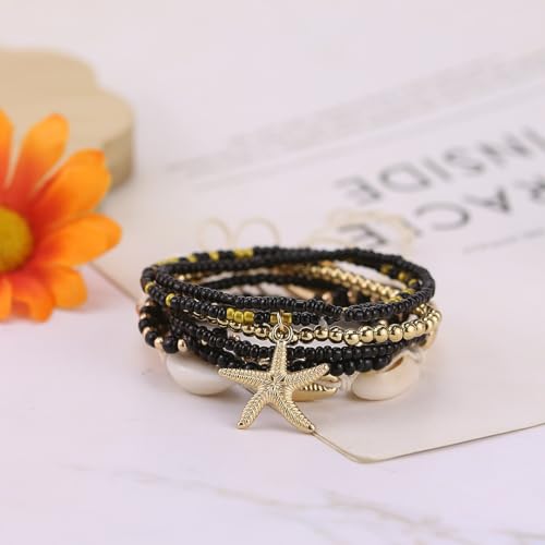 Bohemian Starfish Bracelets for Women - Adjustable Stackable Beach Bracelets, Handmade Stretchy Beaded Summer Jewelry, Perfect for Surf & Waterproof Fun - color: Black