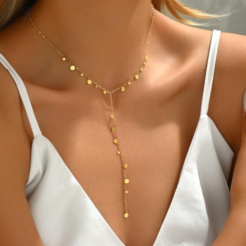 18K Gold Plated Minimalist Drop Y-Shaped Necklace for Women | Simple Lariat Necklace, Minimalist Everyday Jewelry,Y-Shaped Necklace - style: Y Coin Dangle-Gold
