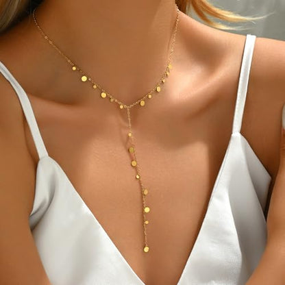 18K Gold Plated Minimalist Drop Y-Shaped Necklace for Women | Simple Lariat Necklace, Minimalist Everyday Jewelry,Y-Shaped Necklace - style: Y Coin Dangle-Gold