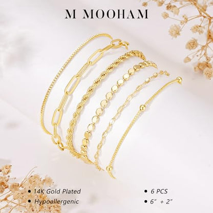 M MOOHAM Gold Bracelets Set for Women No Tarnish | 14K Gold Plated, Dainty Stackable Bracelets Stack for Women, Herringbone Paperclip Rope Cuban Chain Bracelet Set Stack - color: 7.Rope Paperclip Set