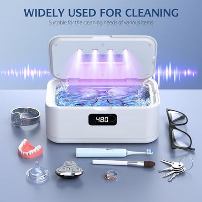 Ultrasonic Jewelry Cleaner, 50Khz Jewelry Cleaner Ultrasonic Machine for Jewelry, Eyeglasses, Rings, Watch Strap, Dentures, 24oz - 304 Stainless Steel Tank, Digital Timer - color: White