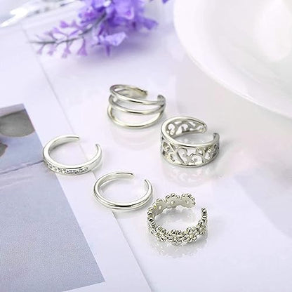 5 Pcs Filled Toe Rings for Women Non Tarnish Filled Toe Ring Adjustable Flower Cz Dainty Toe Ring Summer Beach Open Toe Rings Set Toe Jewelry Foot Jewelry(Gold,Silver,Rose Gold) - color: Silver