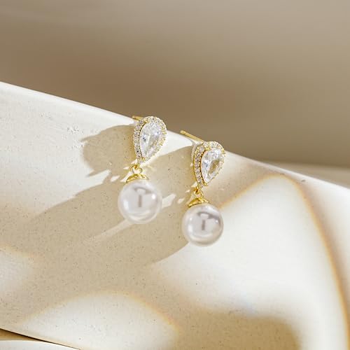 YOIHUR Drop Dangle Pearl Earrings for Women, Dainty 14K Gold Plated Pearl Hoop Earrings Hypoallergenic Wedding Pearls Dangle Earrings Jewelry Gift for Women Bridal - color: Gold-Gentle and Elegant Pearl Earrings