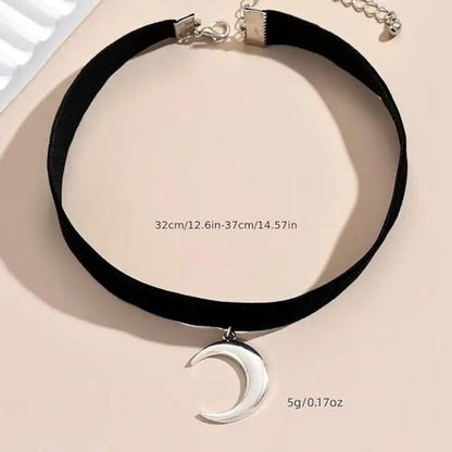 Fesciory Black Necklaces for Women, Adjustable Layered Velvet Leather Lace Collar Necklace, Goth Jewelry Gifts. - color: Moon(Silver)1