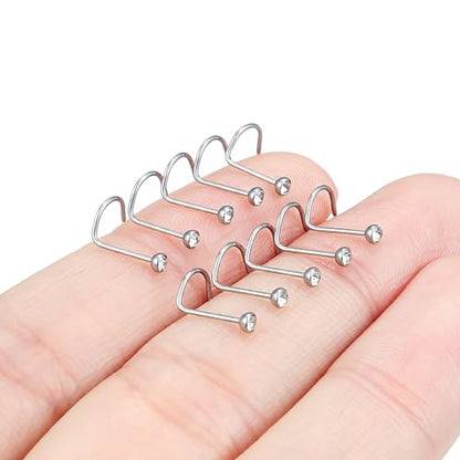 Hoeudjo Nose Studs Surgical Steel Cubic Zirconia Nose Rings Kit for Women Men Tiny Nose Stud Bone & Screw & L Shaped Nostril Piercing Jewelry 18/20/22/24 Gauge 10 Pieces - color: silver-tone,screw nose studs, size: 24g/2mm clear CZ