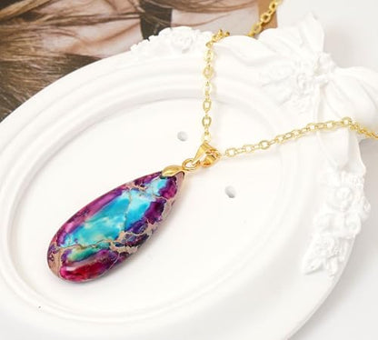 Stone Necklaces for Women Teardrop Gemstone Pendant Necklace Natural Stone Chain Necklaces - color: Purple Blue
