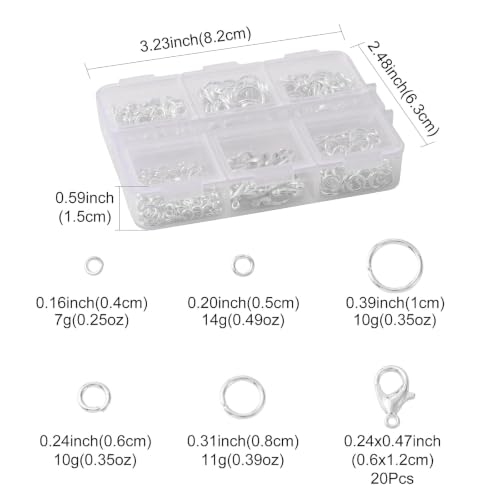 Jewelry Making Findings Kit with Jump Rings and Lobster Clasps, Silvery | Complete Silvery Jewelry Findings Kit with 5 Size Open Jump Rings, Lobster Clasps and Box for DIY Crafts, Repair, Beading - color: Silver