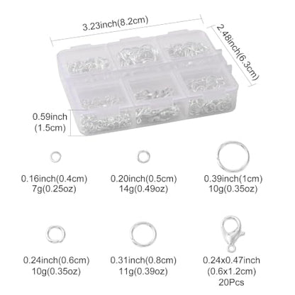Jewelry Making Findings Kit with Jump Rings and Lobster Clasps, Silvery | Complete Silvery Jewelry Findings Kit with 5 Size Open Jump Rings, Lobster Clasps and Box for DIY Crafts, Repair, Beading - color: Silver
