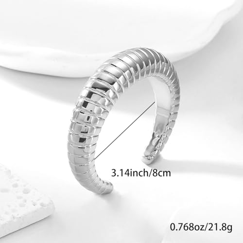 Chunky Geometric Textured Open Cuff Bangle Bracelet for Women Men Trendy Hammered Statement Cuff Bracelet Spiraled Oval Charm Cuff Bracelet Jewelry Gifts - color: Silver