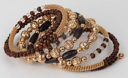 SPUNKYsoul Handmade Bohemian Multi-Color Beaded Coil Bracelet – Comfortable, Adjustable Boho Wrap Cuff That Stacks Easily and Lets You Effortlessly Elevate Any Outfit, Day or Night - style: Brown and Gold