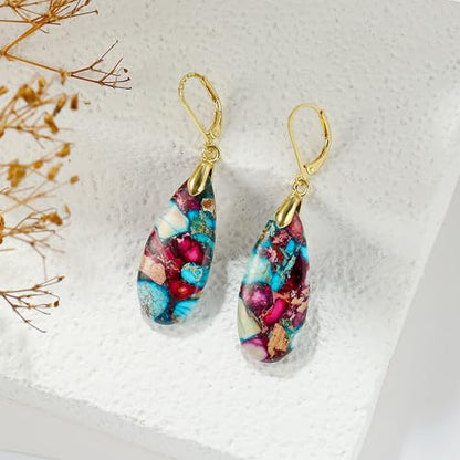 Natural Healing Teardrop Stone Leverback Dangle Drop Earrings Statement Gold earrings - color: Colorful -Gold-02