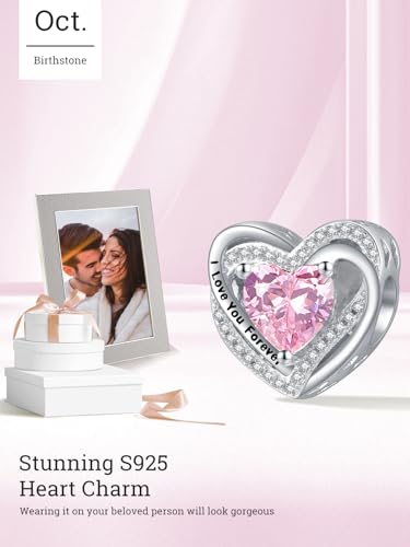 Heart Birthstone Charms for Bracelets, 925 Sterling Silver Women Bead Charms for Charm Bracelets Necklace, Mother's Day Birthday Anniversary Jewelry Gifts for Wife Mom Grandma Daughter - style: Bead - Oct - Tourmaline