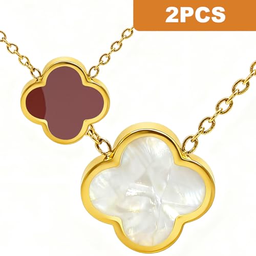 Four Leaf Clover Necklace 18K Gold Plated Necklaces for Women Lucky Flower Pendant Adjustable Link Chain Stainless Steel Dainty Trendy Simple Jewelry Gifts for Women - color: 1G-Single Red+White