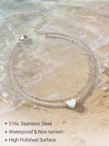 PROSTEEL Ankle Bracelets for Women, Silver/Gold/Black, Waterproof Anklets | Waterproof, Stainless Steel, Summer Beach Jewelry, Durable & No Tarnish, Come with Gift Box, 8-10.5" Adjustable, Plus Size - color: E: silver-heart layered