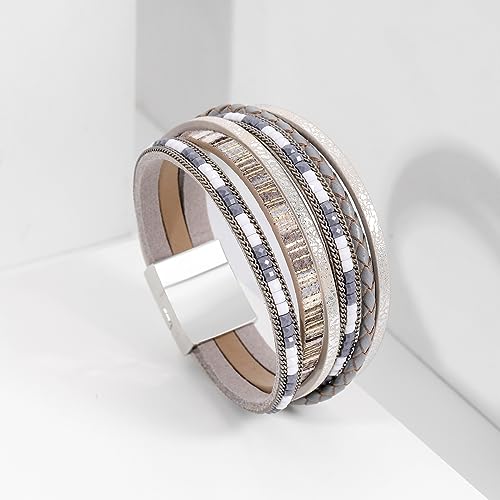 ZMANYIJEW Leather Wrap Bracelets for Women,Boho Cuff Bracelets Multi-Layer Crystal Beads Cuff Bracelet Multilayered Leopard Leather Braided Bangle Wrist Cuff Bangles - style: grey