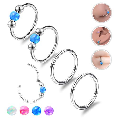4PCS Nose Rings Opal 18G Nose Hoops 316L Surgical Steel Hypoallergernic Nose Piercings Jewelry for Women Nose Rings Suitable for Septum Rings Cartilage Earring Tragus Earring - color: Silver Bule, size: 4 PCS 18G 8mm*8mm