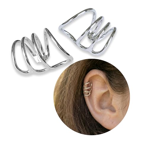 925 Sterling Silver Ear Cuff, Handmade Single Band Adjustable Non Piercing Clip On Cartilage Earring, Minimalist Ear Wrap Faux Piercing Jewelry for Women - style: Pair Multi Curved Band