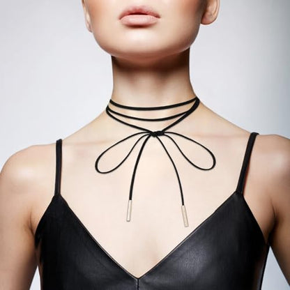 Black Choker Necklace Gothic Bow knot Choker for Women Velvet Long Wrap Rope Collar Tie Neck Chain with Gold Tube Ribbon Suede Jewelry for Party Prom