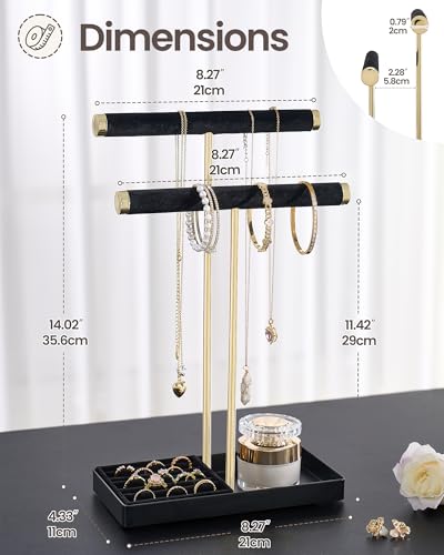 Lolalet 2-Tier Necklace Holder Display, Jewelry Stand with Ring Tray -Black | Velvet Wrapped Jewelry Organizer, Tall Bracelet Stand for Bangles Watches Earrings, Gifts for Mom Girls Women Mother's Day - color: Black