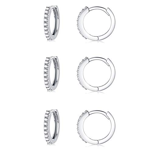 Silver Hoop Earrings for Women, 3 Pairs Small Sterling Silver Huggie Earrings | Tiny Cubic Zirconia Cartilage Cuff Earrings Hoop Piercing Jewellery for Men Teens (8mm/10mm/12mm) - color: 3 Pairs(8mm*3)-Silver