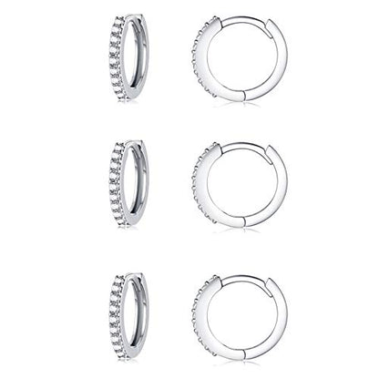 Silver Hoop Earrings for Women, 3 Pairs Small Sterling Silver Huggie Earrings | Tiny Cubic Zirconia Cartilage Cuff Earrings Hoop Piercing Jewellery for Men Teens (8mm/10mm/12mm) - color: 3 Pairs(8mm*3)-Silver