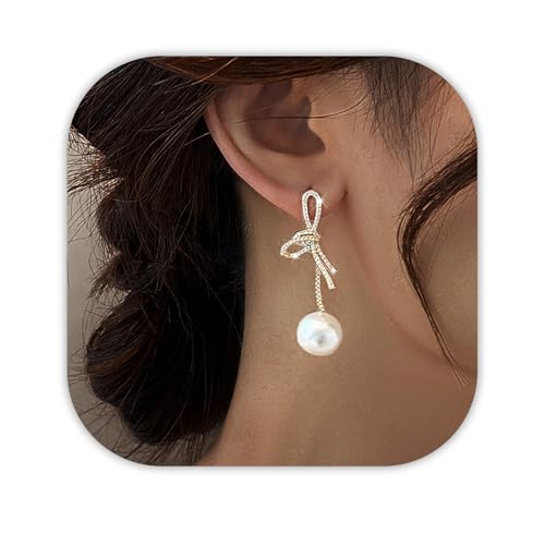 Trinckle Pearl Earrings for Women Drop Jewelry Bride Wedding Accessories | Dainty Gold Pearl Dangle Earrings, Silver Earrings for Bridesmaid, Floral Boho Bow Jewelry for Girls Prom Homecoming Gift - color: gold-bow