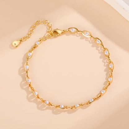 Gold Pearl Bracelet for Women, 18K Gold Plated Dainty Pearls Beaded Chain Bracelet Jewelry Gifts for Women - color: A-Gold 1