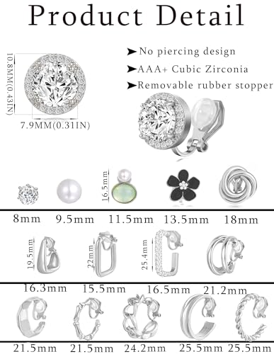 15 Pairs Clip on Earrings for Women Chunky Hoop Clip Earring Round CZ Twist Simulated Pearl Flower Knot No Piercing Fake Stud Earrings Sets Jewelry Gifts Silver Gold Plated - color: B: Silver