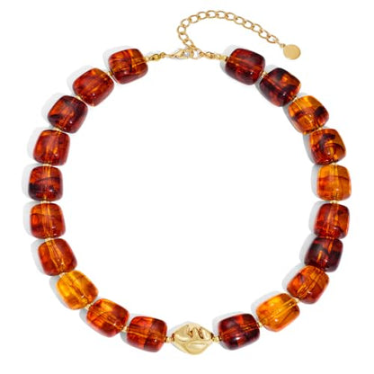 Chunky Beaded Necklace for Women,Square Resin beads boho Choker Necklace with gold-tone spacers,Fashion Trendy Summer Beach Party Necklaces Handmade Surfer Beach Necklaces Jewelry Gifts - color: Amber