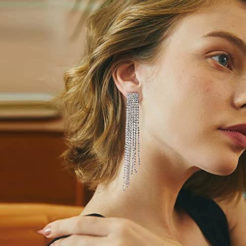 Silver Rhinestone Crystal Bridal Chandelier Long Tassels Dangle Earrings for Wedding - color: A-2