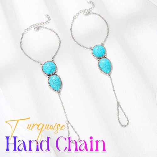 GORTIN Turquoise Hand Chain Bracelets Ring Link Chain Bracelet Set Boho Hand Chain Jewelry for Women Pack of 2