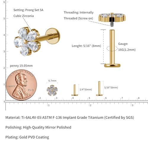 FINE4U 1PC ASTM F136 Titanium 16G Flatback Stud for Tragus, Helix, Conch 6mm 8mm - Screw on Cartilage Earring Piercing Jewelry - color: CZ Flower - Gold