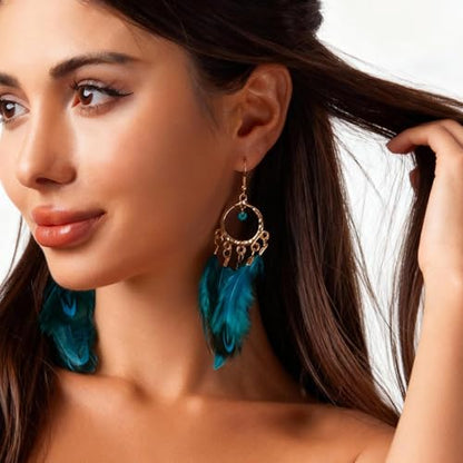 Feather Earrings for Women Boho Jewelry Peacock Feather Long Brown Light weight Western Earrings - color: A2:blue feather earrings