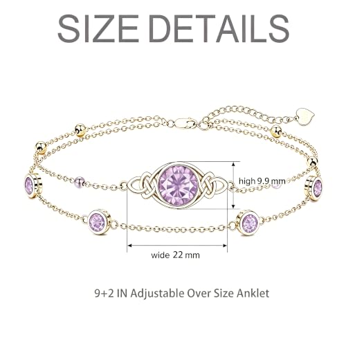 Midari 18K Gold Irish Infinity Celtic Knot Birthstone Layed Anklet Bracelet with 12 Months Birthstone Birthday Jewelry Gifts for Women Mom - color: 06-Light Purple, size: Anklet 9"-11"