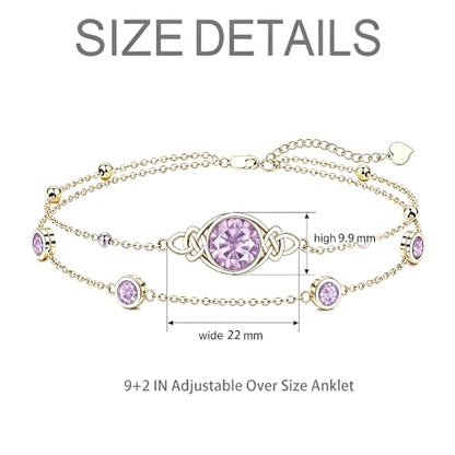 Midari 18K Gold Irish Infinity Celtic Knot Birthstone Layed Anklet Bracelet with 12 Months Birthstone Birthday Jewelry Gifts for Women Mom - color: 06-Light Purple, size: Anklet 9"-11"