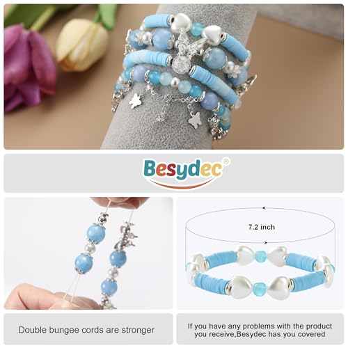 Besydec Stackable Boho Beaded Bracelets With Natural Stone & Pearl Heart & Clay Beads for Women,Adjustable Silver Jewelry - color: Blue