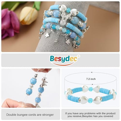 Besydec Stackable Boho Beaded Bracelets With Natural Stone & Pearl Heart & Clay Beads for Women,Adjustable Silver Jewelry - color: Blue