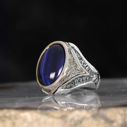 Mens Oval Blue Tiger Eye Signet Ring Premium Silver Plated Stainless Steel Vintage Engraved Statement Ring for Men