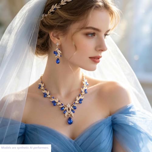 Kamirola Tiaras and Crowns for Women,Tiaras Earrings Necklace, Crystal Bridal Jewelry Set, Costume Jewelry for Women Party Halloween Prom Pageant - color: GOLD BLUE